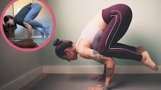 The crow pose is a challenging yoga exercise.
