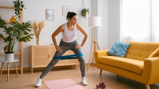 A woman does a workout at home