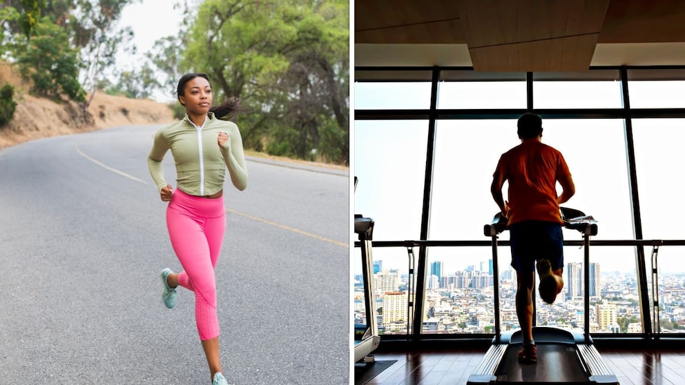 How do training effects, calorie consumption, joint stress, and injury risk differ when running outdoors compared to on a treadmill?