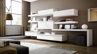 A white living room wall unit, composed of various individual elements, has been integrated into a modern setting.