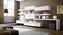 A white living room wall unit, composed of various individual elements, has been integrated into a modern setting.