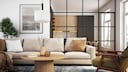 Modernly furnished living room with spacious socializing area
