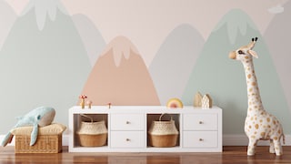 A mountain panorama, childishly stylized and rendered in delicate pastel colors