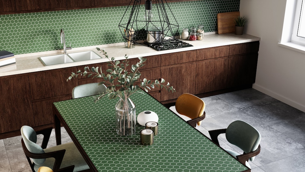 Dining Table with Tiled Tabletop in Kitchen
