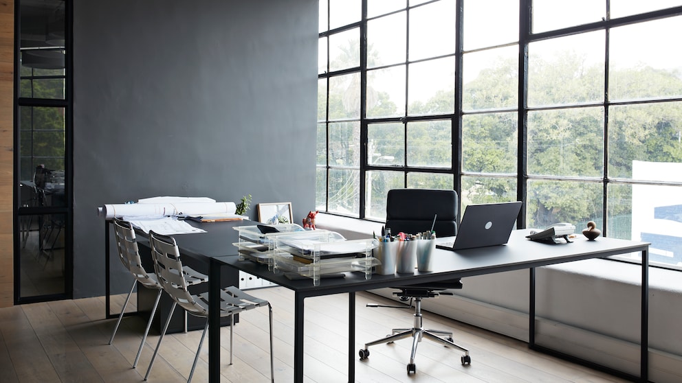 Home office with large window front