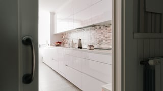 The back kitchen conceals chaos and kitchen appliances, keeping the open-plan kitchen tidy.