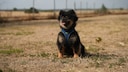 Dog Josi sits on the grass at the dog school