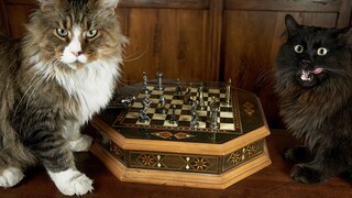 Two cats sitting in front of a chessboard