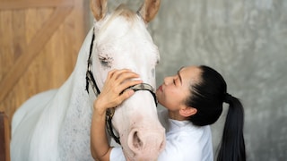 Woman kisses white horse on head