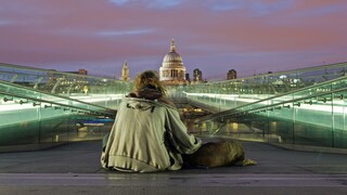 A homeless man and his dog at night on the Millennium Bridge with St. Paul's Cathedral in the background.