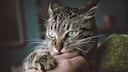 Gray tabby cat bites a hand