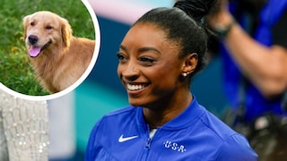 Collage of Simone Biles doing gymnastics and a happy golden retriever