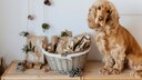 Cocker Spaniel sits in front of self-made Advent calendar