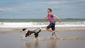 Young woman and dog run together on the beach