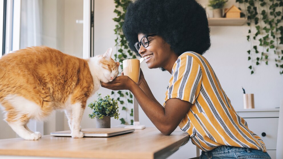 Young woman cuddles with cat