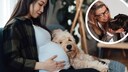 Collage of pregnant woman with dog on the sofa and portrait of dog trainer Katharina Marioth