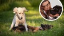 Collage of two puppies playing and a portrait of Katharina Marioth (circle)
