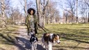 Woman Walks Her Dogs on a Leash in a Berlin Park