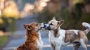 Two dogs are playing together on the street in Bali.