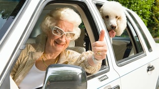 Older Woman and Her Poodle Share the Same Hairstyle While Sitting in the Car