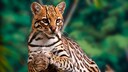 An ocelot lies on an old tree in the rainforest.