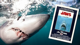 Collage of a mako shark underwater and the movie poster for "Jaws"