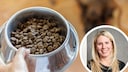Collage of dry dog food in a bowl and portrait of Philine Ebert (Keis)
