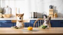 Two dogs sit at the table in front of a plate of meat and a plate of vegetables.