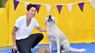 Dunja Hayali with her dog Wilma at the Family and Fan Screening of the "PAW Patrol" premiere at the KulturBrauerei cinema in Berlin on Aug. 15, 2021. Special conditions: Price negotiation required for title use.