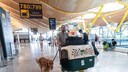 At Madrid Airport: A passenger checks in with his Golden Retriever and transport box—following the European Court of Justice ruling, a dog in the cargo hold is officially considered luggage.