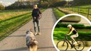 Collage featuring Manuela Lieflaender walking her dog Elvis and an e-bike rider (district)