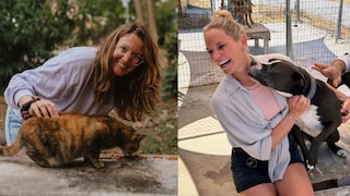 Madeline and Saskia with Stray Cat and Dog