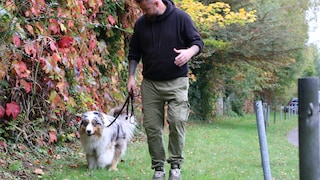 Dog trainer André Vogt with male dog Elvis during training
