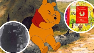 Collage featuring Winnie the Pooh, the real Winnie, and the book