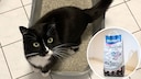 Collage of Sweety the cat in the litter box and the cat litter