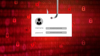 Phishing Symbol: A card with username and password on a fishing hook against a red background