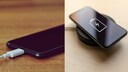 Cable vs. Wireless: On the left, a phone charging with a cable; on the right, a phone resting on a wireless charging pad.