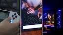 Gaming Devices in Collage: Handheld Console, Laptop, PC