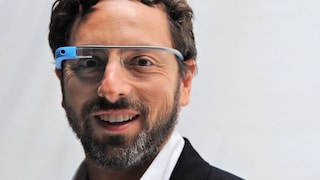 Google co-founder Sergey Brin wears Google Glass at the Mercedes-Benz Fashion Week 2012.