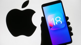 Apple logo and iOS 18 icon on a cell phone display