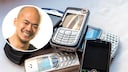 TECHBOOK editor Woon-Mo Sung next to various old push-button cell phones
