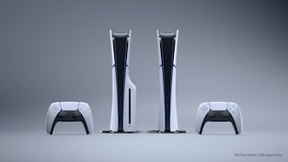 A PS5 Slim with and without a disc drive