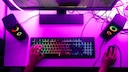A gaming desk with equipment