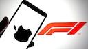 Apple logo on a phone with the F1 logo in the background