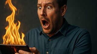 Person holds a burning smartphone in their hand and looks horrified