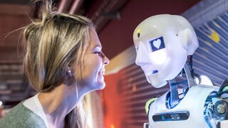 Woman Smiles at Robot