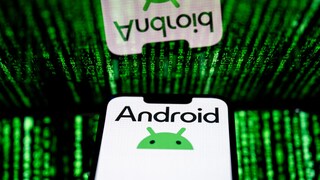 Smartphone with Android logo and green symbols in the background