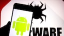 Smartphone with Android logo. Spider in the background.
