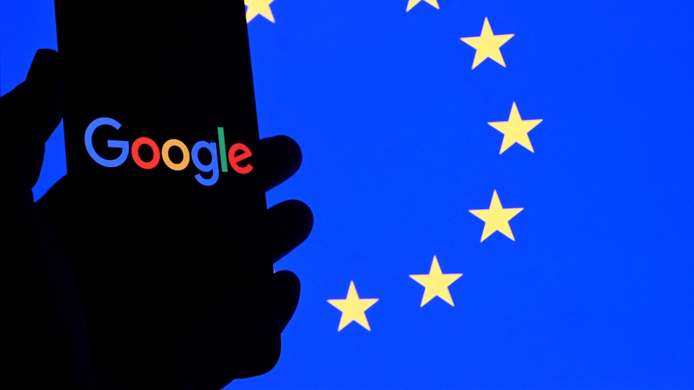 Smartphone with Google Logo and EU Flag in the Background