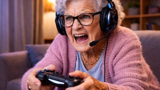 AI-generated image of a senior woman playing video games